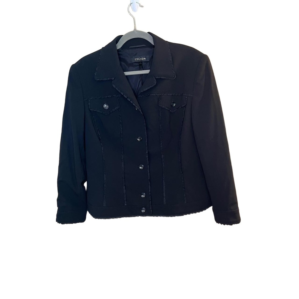 ESCADA Womens Black Ruffle Trim Wool Blazer Scalloped Cuffs Size 42 Large